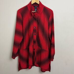 Ali Miles Red Black Diagonal Striped Button Front Tunic Blouse size L Office